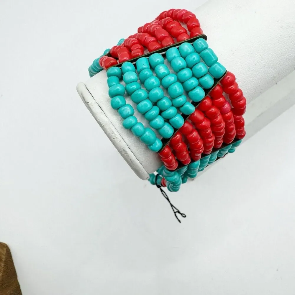 Coral Turquoise Glass Seed Bead Color Block Stretch Bracelet Boho Southwest
